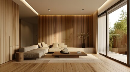 Minimalist Living Room with Light Wood Flooring, Large Window, Vertical Wooden Paneling, and Soft Lighting. Comfortable Sofa and Elegant Coffee Table with Modern Decorative Elements for a Tranquil
