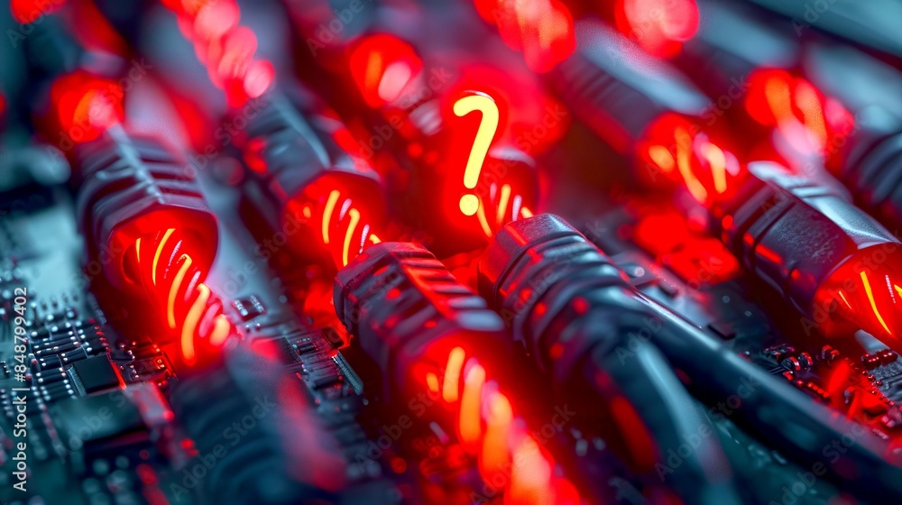 Poster close up view of network cables with red glowing lights in server room. a mysterious question mark p