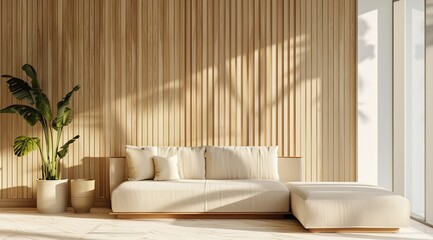 Modern Living Room with Wooden Wall and Light Parquet Floor, Featuring a Beige Sofa by the Window with Vertical Stripes. Minimalistic Home Decor Concept with Elegant and Simple Design.