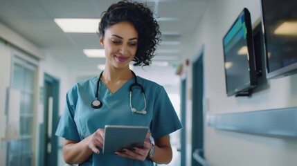 Female healthcare professional in a smart hospital, utilizing a tablet for patient care and medical data management, modern technology