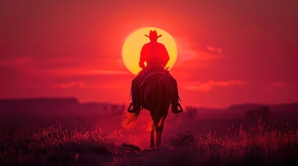 red sunset cowboy silhouette horse in desert and sun nature landscape sunrise