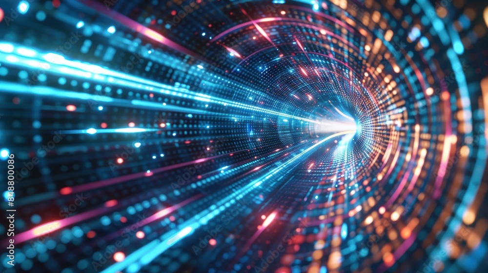 Poster futuristic tech tunnel with highspeed data stream, vibrant and dynamic colors, abstract visualizatio