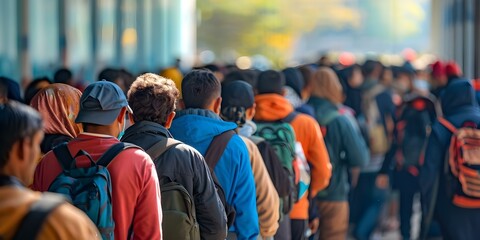 Refugees in line at border crossing in humanitarian crisis seeking safety. Concept Refugees, Border Crossing, Humanitarian Crisis, Safety, Seeking Refuge