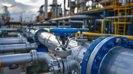 Complex network of pipes and valves in an industrial power plant.