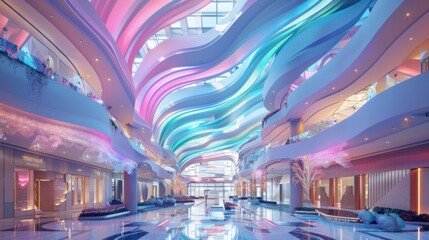 A futuristic mall with vibrant flowing colors and sleek design