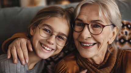 Smiling Senior Mother and Young Daughter Enjoying Family Time in Living Room