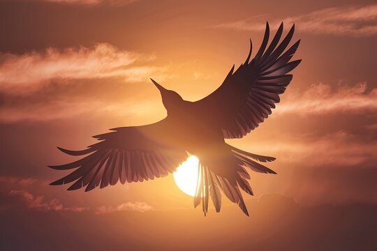 A vivid and abstract interpretation of a silhouette bird flying across a breathtaking sunset sky
