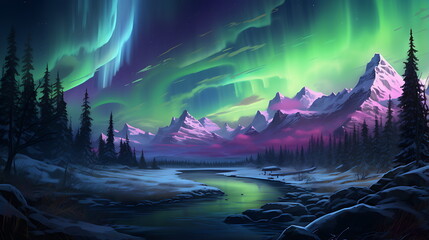 Fototapeta premium the beautiful aurora is shown over the mountains at night, generative AI