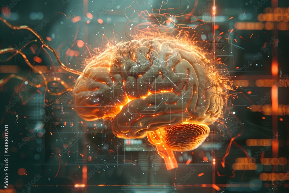 Leinwandbilder An abstract visualization of a human brain integrated with digital elements and neural networks, symbolizing the fusion of human intelligence and AI. Generative AI