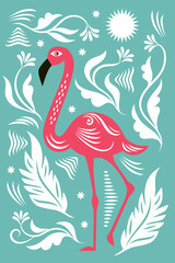 vector illustration showing pink flamingo with decorative elements , leaves and flowers, flat graphic design	
