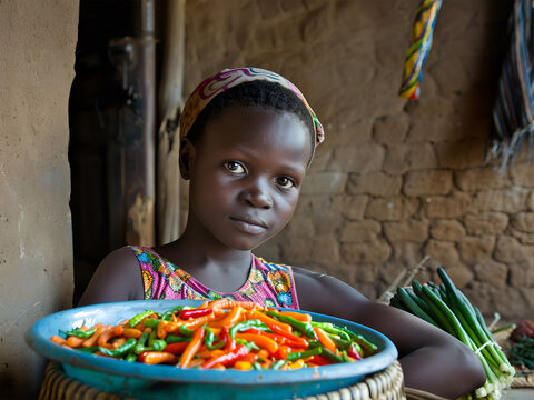 Buiba, the Gambia, Africa, May 19, 2017: horizontal photography: portrait of an african girl, with sad face, standing outdoors on a sunny day, holding a knife, cleaning fish over silver basin