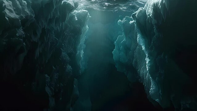 A deep dark crevasse in the iceberg signifies the hidden dangers and pitfalls of investing in cryptocurrency.