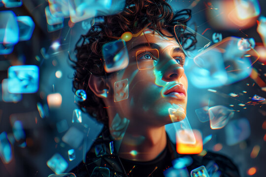 Young Beautiful Man Posing Surrounded With 3d Objects Background