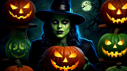 Fototapeta premium Beautiful young woman skull makeup for halloween with a magic Pumpkin in a dark background