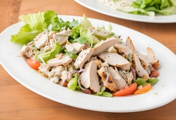 A plate of chicken salad with lettuce, onions, and a creamy dressing