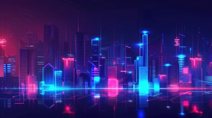Abstract digital cityscape with neon lights, futuristic urban design, glowing geometric shapes and lines