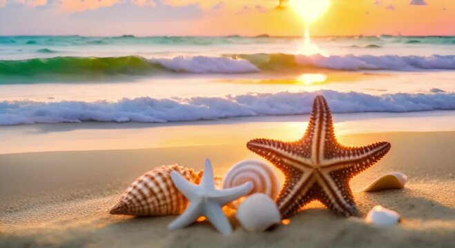 Beach scene with starfish and seashells on the sand at sunset. Sunset on a sandy beach with starfish and seashells for nature, holiday, family travel, and relaxation themes