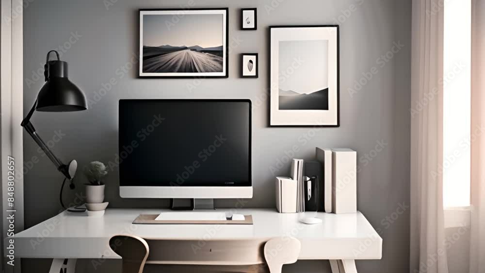 Poster modern home office desk with computer and lamp generative ai