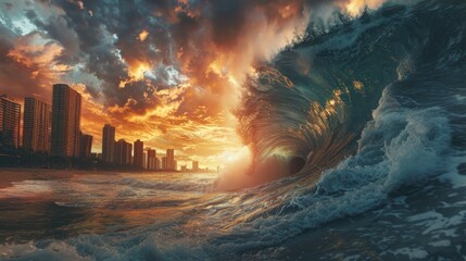 Obraz premium Tsunami Wave Approaching City Skyline. Disaster Concept. Large tsunami wave threatening a coastal city with skyscrapers, depicting the destructive power of natural disasters.