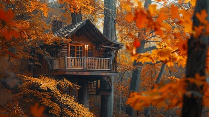 A treehouse nestled in autumn foliage with colorful leaves all around, blank space, seasonal retreat, morning light, autumnal treehouse 