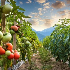 Fragrant ripe tomatoes hanging on bushes across the plantation