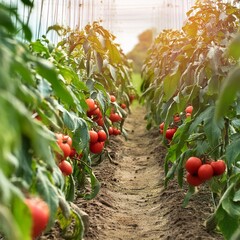 Tomato bushes with clusters of fragrant ripe fruits on the plantation