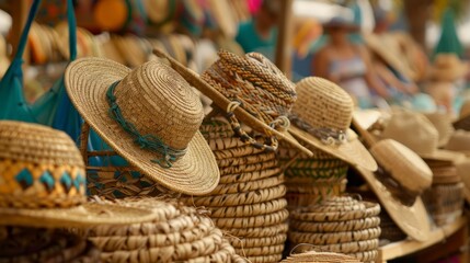 Seaside market, local crafts, seafood stalls, beachside vendors, handmade jewelry, coastal souvenirs, straw hats, beach bags, bustling crowds