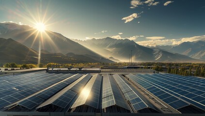 Obraz premium A breathtaking solar power plant situated in a picturesque mountain landscape, harnessing renewable energy from the sun. The scenic view offers a glimpse into the future of clean, sustainable energy