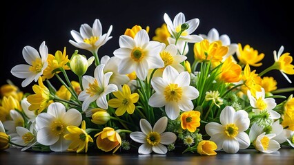 A vibrant bouquet of yellow and white flowers against a dark background