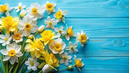 Fototapeta premium A beautiful arrangement of yellow and white daffodils on a blue wooden background.