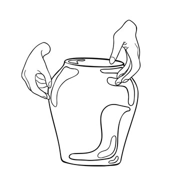 recommend clip art: Women's hands modeling clay dishes ink silhouette hand drawn. Two hands making a ceramic pot painted black white vector illustration. Pottery vase and human fingers in outline. For ceramics class