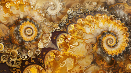 The patterns are complex, even unreal, full of spiral lines in intense shades of yellow and golden...