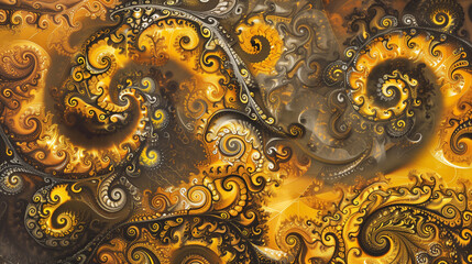 The patterns are complex, even unreal, full of spiral lines in intense shades of yellow and golden brown. The transition from light to deep tones creates the impression of depth and movement.