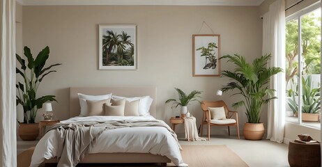 A White and Grey Bedroom with a King-size Bed, a Tropical Plant, and a Big Photo Frame. side view