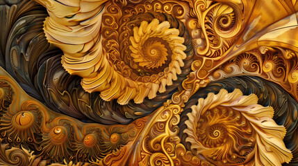 The patterns are complex, even unreal, full of spiral lines in intense shades of yellow and golden brown. The transition from light to deep tones creates the impression of depth and movement.