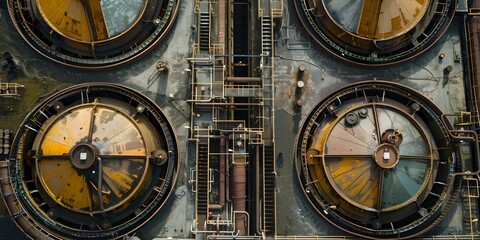Birds eye view of circular settling tanks and central pipework at plant. Concept Industrial Processes, Circular Settling Tanks, Plant Piping Systems, Aerial View, Wastewater Treatment