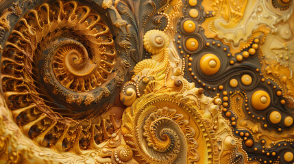 The patterns are complex, even unreal, full of spiral lines in intense shades of yellow and golden brown. The transition from light to deep tones creates the impression of depth and movement.