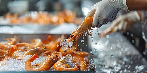 Cleaning prawns under running water in a seafood processing facility. Concept Seafood Processing, Prawns Cleaning, Food Safety Measures, Industrial Hygiene, Water Usage