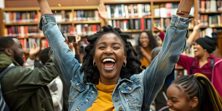 HBCU students joyfully celebrating together in a library. Concept Students, HBCU, Library, Celebration, Joy