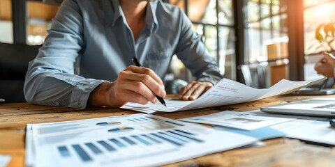 Bank manager advising client on new project reading document in professional setting. Concept Finance, Business, Banking, Management, Advisor