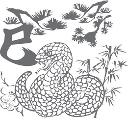 年賀状素材　年賀　2025　巳年　巳　蛇　へび　ヘビ　墨絵　水墨画　日本画　水彩　筆文字　イラスト素材