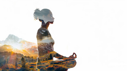 Double exposure of woman meditating in lotus pose and nature landscape.