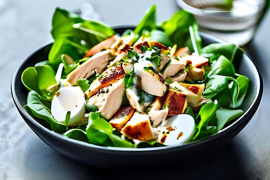 Chicken salad rich in greens and delicate white strips of poultry glistening with a touch of mayoneese