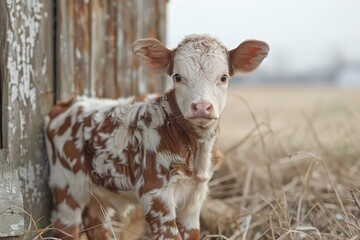 Fototapeta premium Baby Calf: A brown and white spotted calf, standing next to a barn in a countryside field.