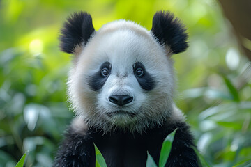 Fototapeta premium Panda Bear Looking at the viewer while eating some fresh Bamboo for lunch. Bifengxia Panda Reserve in Sichuan Province, China. Wildlife Conservation Area, Endangered Species
