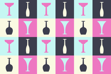 Wineglasses seamless pattern. Futuristic trendy minimalist design. Silhouettes of alcohol Drinks, cocktails, wine. Vector illustration  for wallpapers, textile, print, resturant, winery bar, party