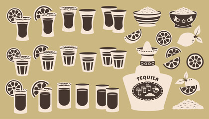 Tequila shots. Set of Different glasses with slice of lime, salt. Silhouette of various ingredients for tequila. Alcoholic beverage. Minimalist design. Vector Hand drawn outline illustration