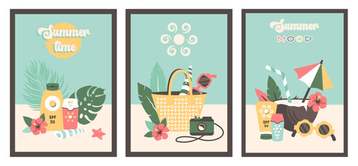 Summer relax. Cool Cocktail in Coconut. Tropical beach drink with umbrella, straw. Different Sunscreen bottles. Fashion beach bag with camera. Set of Vector flat cartoon illustration.
