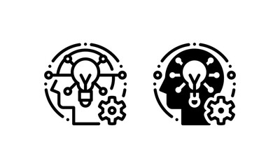 Lateral Thinking icon, represented with head, Lights and gears. icons in outline and glyph style