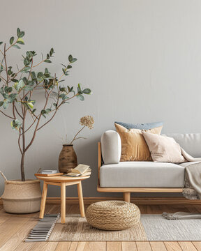Minimalist peach living room interiors composition with minimal furniture, natural window lighting and ample copy space. Interior design home decor composition.